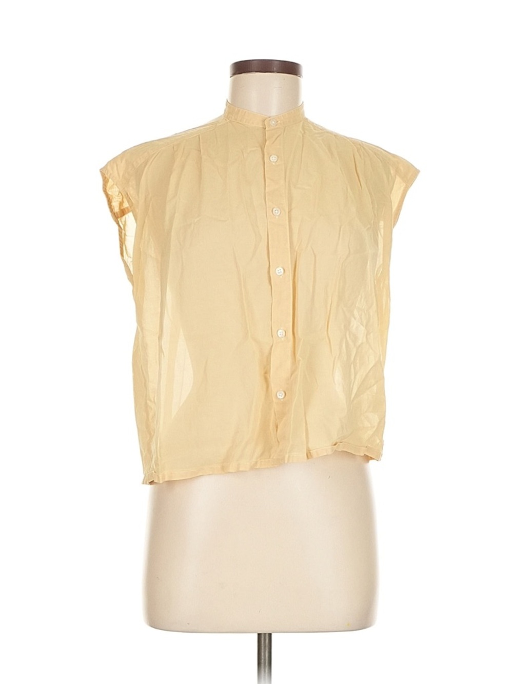 Sheer Light Yellow Mandarin-Collar Cap Sleeve Blouse